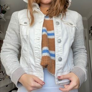 AE white denim jacket and gray hoodie combo